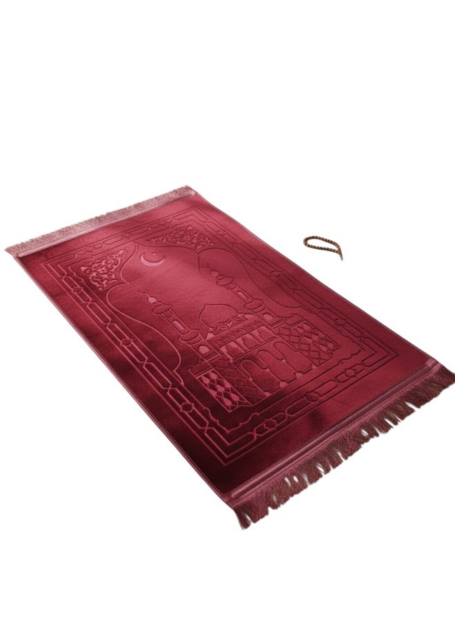 Luxury Prayer Set: Soft Velvet Mat (120x80 cm) 800g Weight with Gift Prayer Beads - Royal Red - Image 1